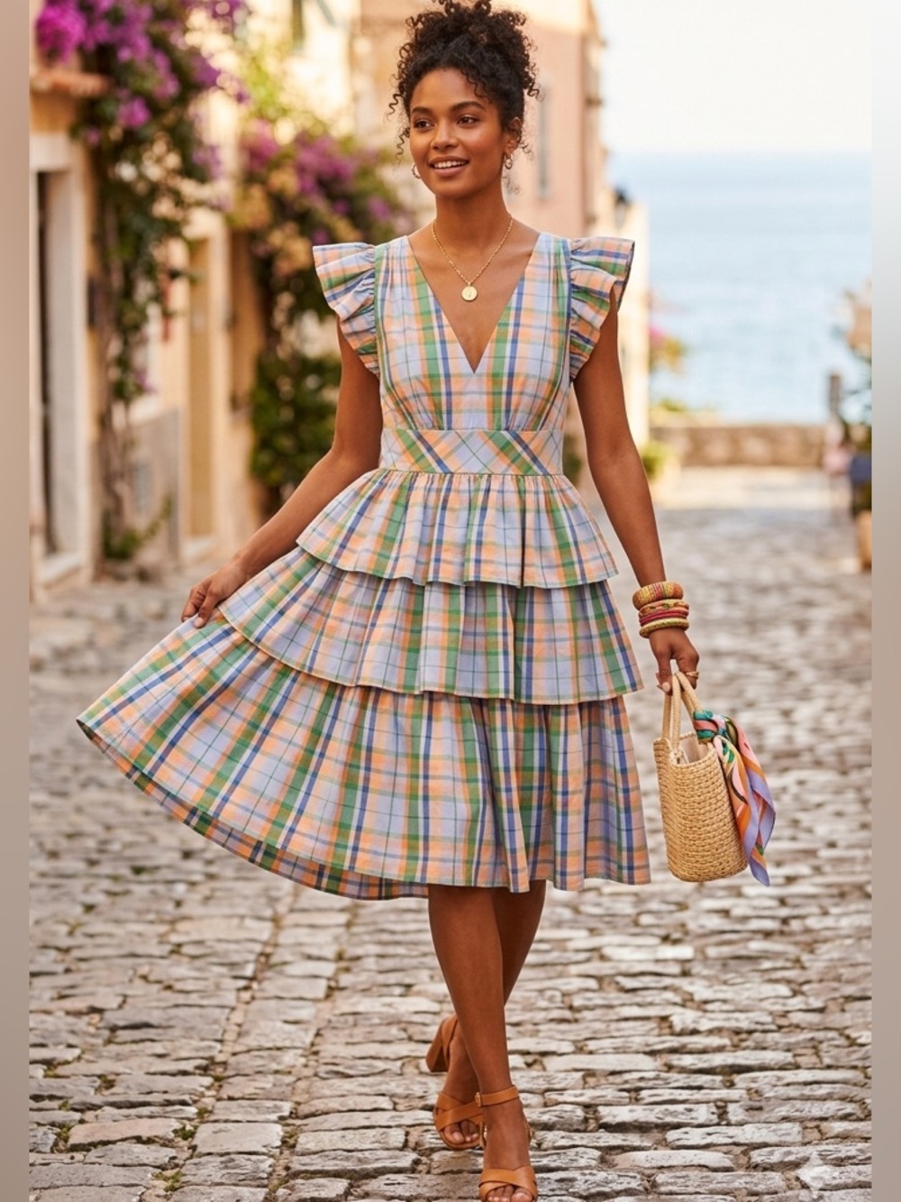 Kate Spade Pastel Plaid Tiered Ruffle Dress in Blue, Peach, Green Size 4